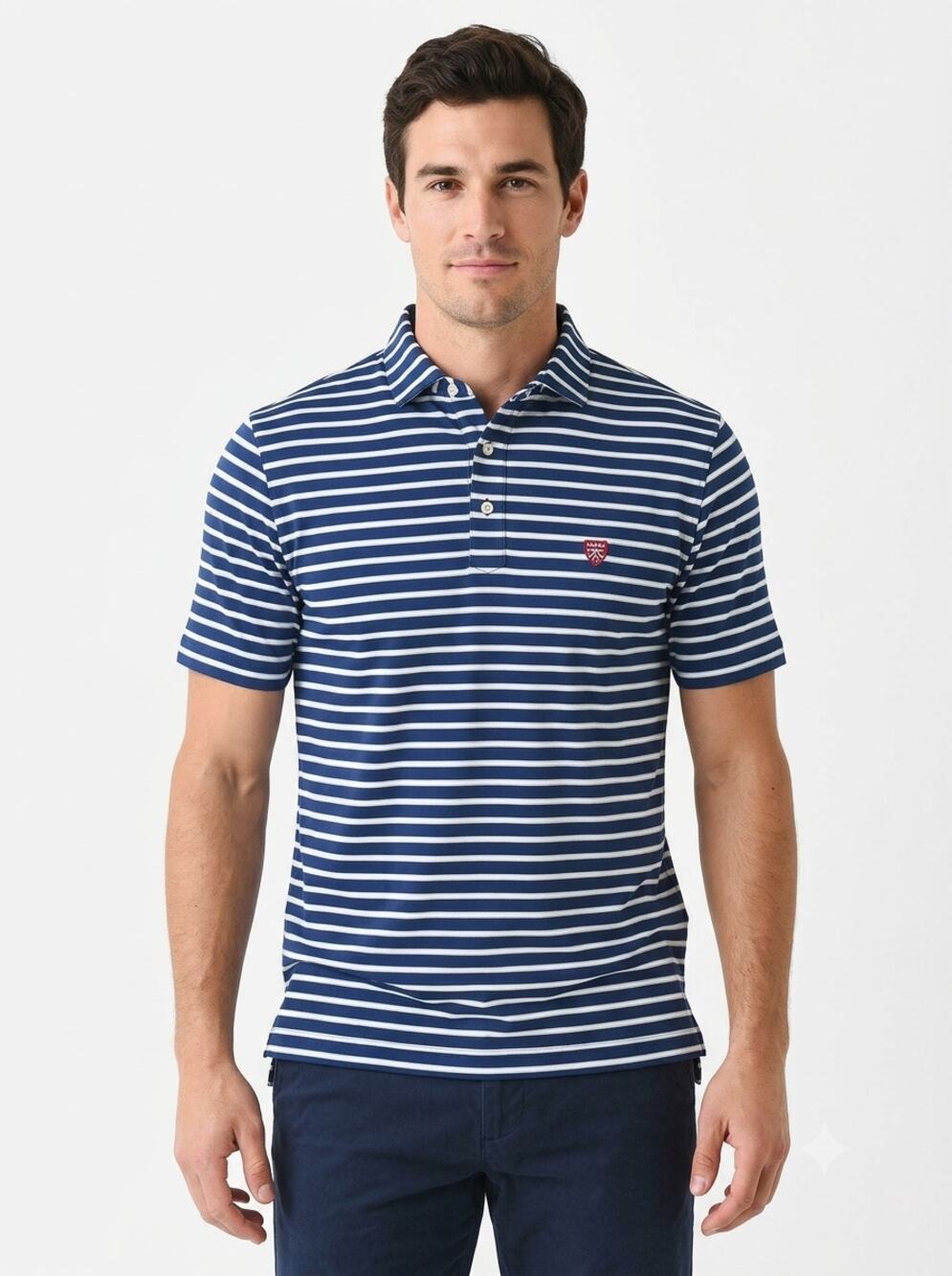Stitch Golf Polo Shirt Mens L Navy Blue Striped Stretch Yale Berkeley Crest Logo